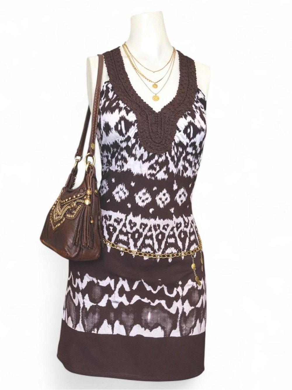 Boho Tribal Print Sleeveless Mini Dress Crochet Neck Neutral